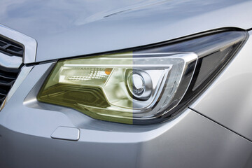 Cleaning the yellowing of car headlights before and after © shibadog