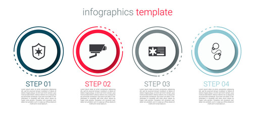 Set Police badge, Security camera, and Handcuffs. Business infographic template. Vector.