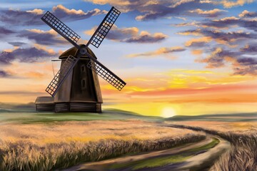 windmill in the field, beautiful sunrise in the countryside, summer landscape, digital art illustration painted with watercolors
