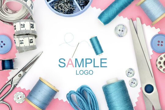 Design element with sample logo for sewing product design with set of seamstress tools and white background