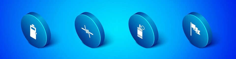 Set Isometric Police assault shield, Hand grenade, Location marker and Barbed wire icon. Vector.