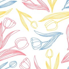 Tulip colors line style vector seamless pattern. Tulip seamless pattern vector background. Decorative seamless illustration, good for printing. Great for label, print, packaging, fabric.