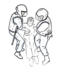 Police officers hold the man on both sides. Digital illustration 