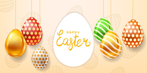 Happy Easter Colored Eggs banner template, lettering. Realistic shine decorated, painted eggs. Spring holiday poster, greeeting card, flyer vector, illustration