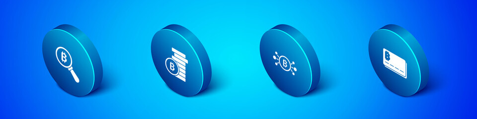 Set Isometric Magnifying glass with Bitcoin, circuit, Credit card bitcoin and icon. Vector.