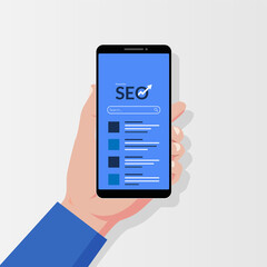 Hand holding smartphone with search engine bar concept illustration.