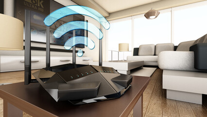 Fototapeta na wymiar High speed wireless router, modem or range extender inside a modern room. 3D illustration