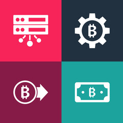 Set pop art Cryptocurrency bitcoin, Bitcoin, and Server icon. Vector.