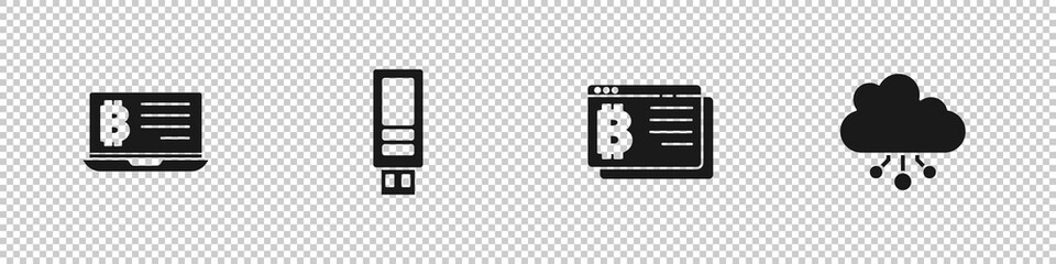Set Mining bitcoin from laptop, USB flash drive, Bitcoin browser and Cryptocurrency cloud mining icon. Vector.