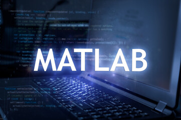 MATLAB inscription against laptop and code background. Learn programming language, computer...