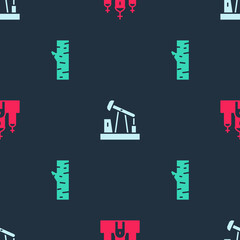 Set Church building, Oil pump or pump jack and Birch tree on seamless pattern. Vector.