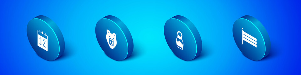 Set Isometric Calendar 12 june, Russian doll matryoshka, National flag and Bear head icon. Vector.