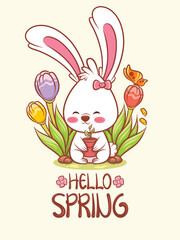 cute bunny with a flower spring. cartoon character illustration hello spring