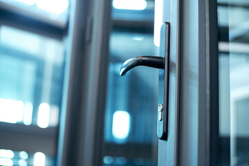 door handle with lock on the glass front door.