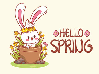 cute bunny with a flower spring. cartoon character illustration hello spring