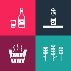 Set pop art Wheat, Sauna bucket, Slavic pagan idol and Bottle of vodka with glass icon. Vector.