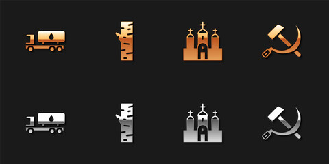 Set Tanker truck, Birch tree, Church building and Hammer and sickle USSR icon. Vector.