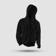 Mockup textured black hoodie with drawstring hood, zipper, pocket, cuffs, for design presentation, print, front view.