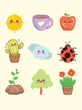 set of the cute season spring and summer character illustration asset