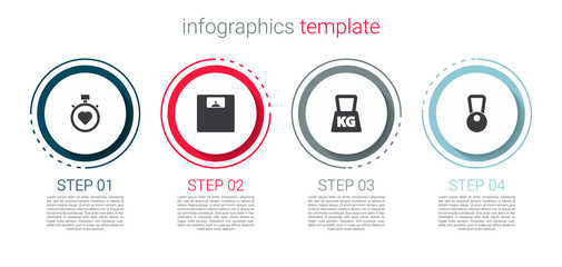 Set Heart in the center stopwatch, Bathroom scales, Weight and Kettlebell. Business infographic template. Vector.