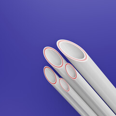 3d Illustration Set Of Beautifully Cut Polypropylene Pipes On A Blue Background.