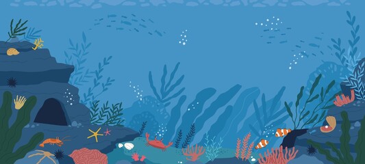 Naklejka na ściany i meble Underwater life at sea or ocean bottom. Exotic undersea world with coral reef, seaweeds and aquatic habitats in depth. Colored flat cartoon vector illustration of scenic marine landscape or seascape