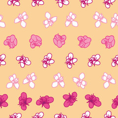 Vector pastel yellow background pink, purple white magnolia flowers, liberty Seamless pattern background