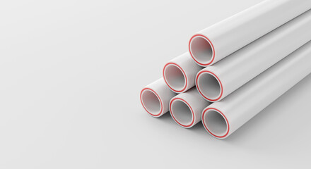 3d Illustration Stack Of Polypropylene Plastic Pipes On A Wide Light Background.