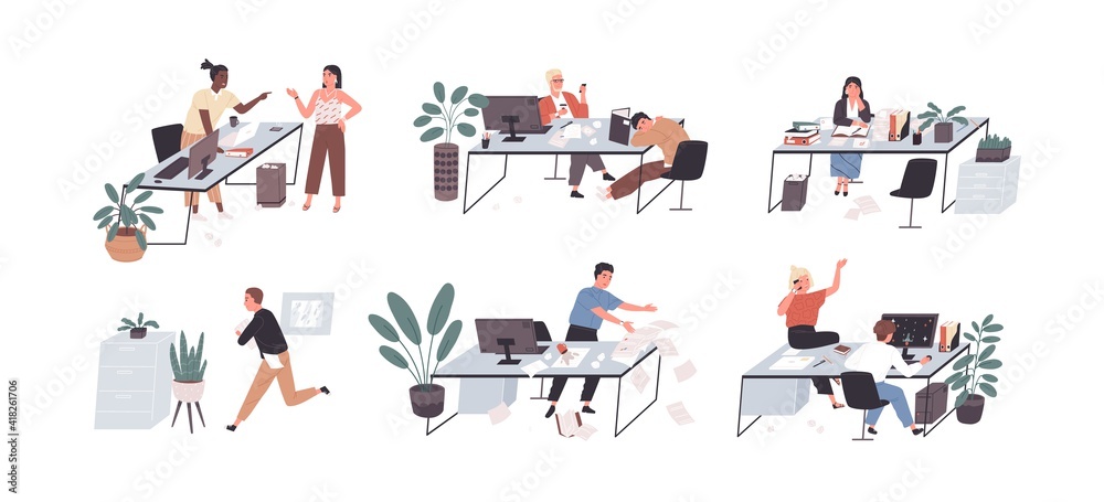 Poster set of people working and relaxing in chaos and mess. office workers conflicting, sleeping and hurry