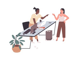 Work conflict between angry employees. Colleagues arguing and screaming in office. Furious man shouting at woman and blaming her. Colored flat vector illustration of isolated on white background