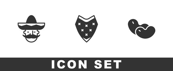 Set Mexican man sombrero, Poncho and Beans icon. Vector.