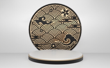 Abstract podium black gold concept and decoration japanese style. 3D rendering