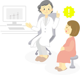 イラスト素材: 診察室でベテラン女性医師から説明を受けるスカートを履いた妊婦　驚き　人物　医療
