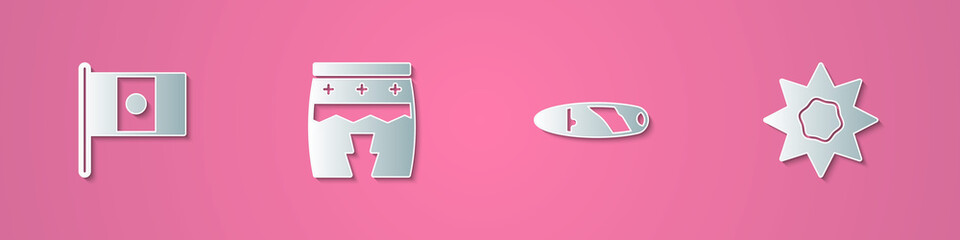 Set paper cut Mexico flag, Huehuetl, Cigar and Sun icon. Paper art style. Vector.