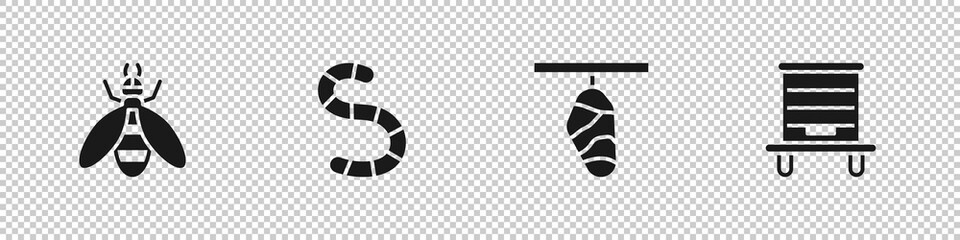 Fototapeta premium Set Bee, Worm, Butterfly cocoon and Hive for bees icon. Vector.