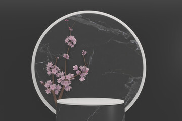 Sakura decoration and black granite podium on black background. 3D rendering