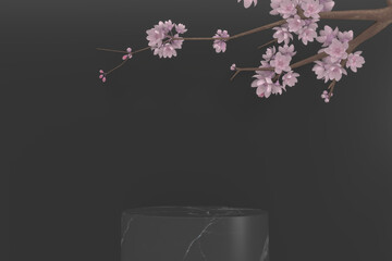 Sakura decoration and black granite podium on black background. 3D rendering