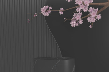 Sakura decoration and black granite podium on black background. 3D rendering