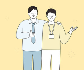 Fototapeta premium I greet other people with shoulder to shoulder with my co-worker illustration set. friend, introduce, doodle, company. Vector drawing. Hand drawn style.