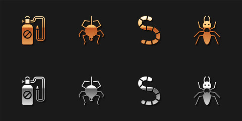 Set Pressure sprayer, Spider, Worm and Ant icon. Vector.