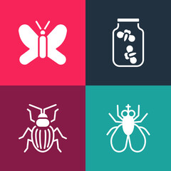 Set pop art Insect fly, Chafer beetle, Fireflies bugs in jar and Butterfly icon. Vector.