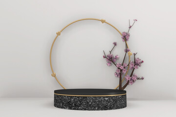 Black granite podium on background minimal design. 3D rendering