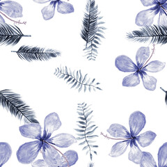Navy Seamless Botanical. Indigo Pattern Textile. Cobalt Tropical Texture. Blue Flower Background. Gray Drawing Painting. White Watercolor Botanical. Spring Botanical.