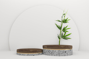 Bamboo leaf decoration and white granite podium on white background. 3D rendering
