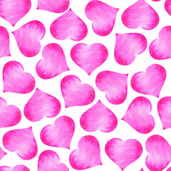 Bright pink watercolor hearts on a white background. Seamless pattern. Love, Wedding, Valentine's Day. For the design of cards, invitations, printing on fabric.