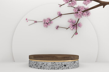 Sakura decoration and white granite podium on white background. 3D rendering
