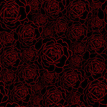 Vector seamless pattern with red rose flowers outline on the black background. Floral hand drawn ornament in sketch style.