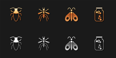 Set Cockroach, Mosquito, Butterfly and Fireflies bugs in jar icon. Vector.