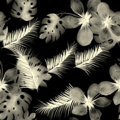 Black Seamless Foliage. White Pattern Exotic. Gray Tropical Palm. Monstera Leaves. Spring Textile. Decoration Foliage. Wallpaper Illustration. Watercolor Exotic.
