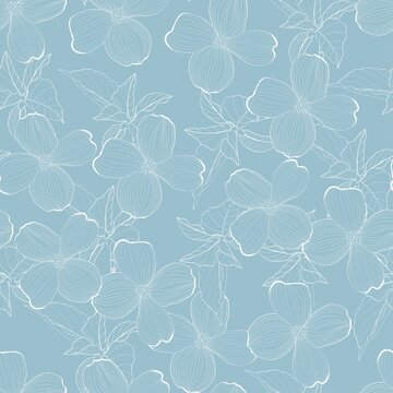Dogwood branch with flowers seamless pattern. Cornus florida.  Blue white line drawing.